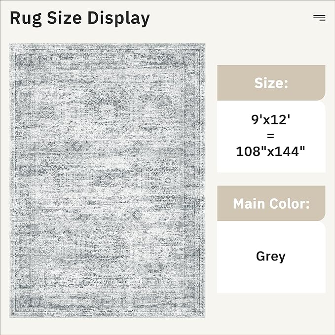 Soalmost 9x12 Area Rugs for Living Room, Non Slip Machine Washable Vintage Rugs, Low Pile Lightweight Large Rug for Bedroom, Dining Room, Home Office Grey