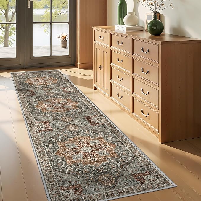 Runner Rug 2x8 Runners for Hallways Non Slip Washable, Vintage Hallway Runner Rugs for Living Room, Low Pile Soft Hallway Rug for Kitchen Bedroom Laundry Room Rug(Grey/Brown/Tan,2'x8')