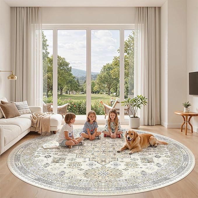 zesthome 8ft Round Rugs for Living Room, Non-Slip Washable Round Area Rugs, Ultra-Thin Large Circle Rugs, Soft Low Pile Rug for Bedroom, Kitchen - Vintage Stain Resistant Round Rug (Beige,8'x8')