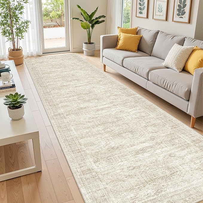 Washable Runner Rug 2.5x12, Non-Slip Long Bathroom Rugs Runner for Kitchen, Living Room, Bedroom, Soft Vintage Washable Rug for Entryway, Thin Floor Mat for Dining Room(2.5'x12', Beige/Ivory)