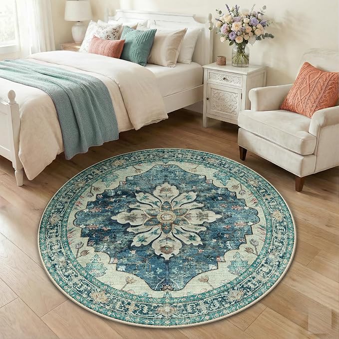 Area Rugs 4ft Washable Non-Slip, Floral Vintage Distress Print Pattern Medallion Carpet for Living Room Bedroom Dining Room, Dark Blue Vintage