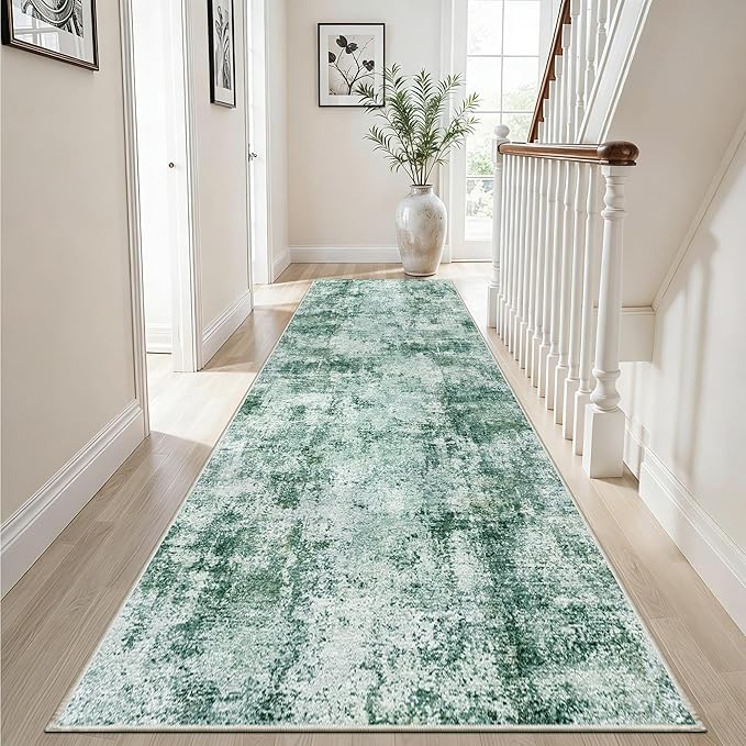 3x10 Washable Runner Rug for Hallway: Non Slip Runners Rugs Easy-to-Clean - Soft Living Room Bedroom Kitchen Carpet - Thin Low Pile Printed Floor Mat for Dining Room Green