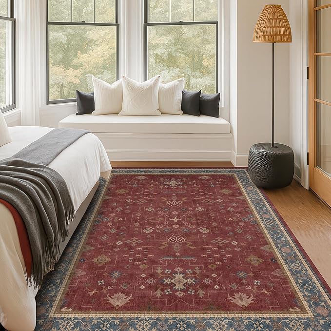 5x7 Boho Dark Red Rug for Living Room - Vintage Oriental Revival Low-Pile Carpet for Bedroom, Dining Table, Home Office, Machine Washable Area Rug Non-Slip with Rubber Back