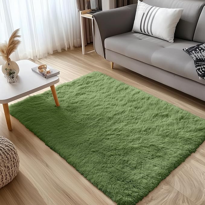 OLANLY 3x5 Machine Washable Small Bedside Rug, Soft Fluffy Shaggy Rugs for Living Room, Bedroom, Indoor Floor Carpet for Kids Girls and Boys, Preppy Dorms, Nursery, Home Decor Aesthetic, Green