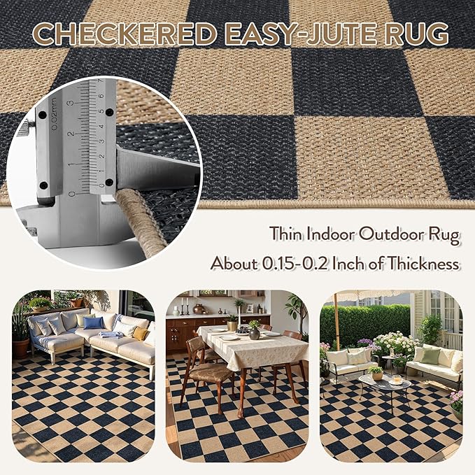 Lahome Colette Checkered Easy Jute Carpet, Washable Area Rug 6x9 Neutral Outdoor Patio Rug, Farmhouse Checkerboard Non Slip Non Shedding Floor Carpet for Dining Living Room Deck Sunroom