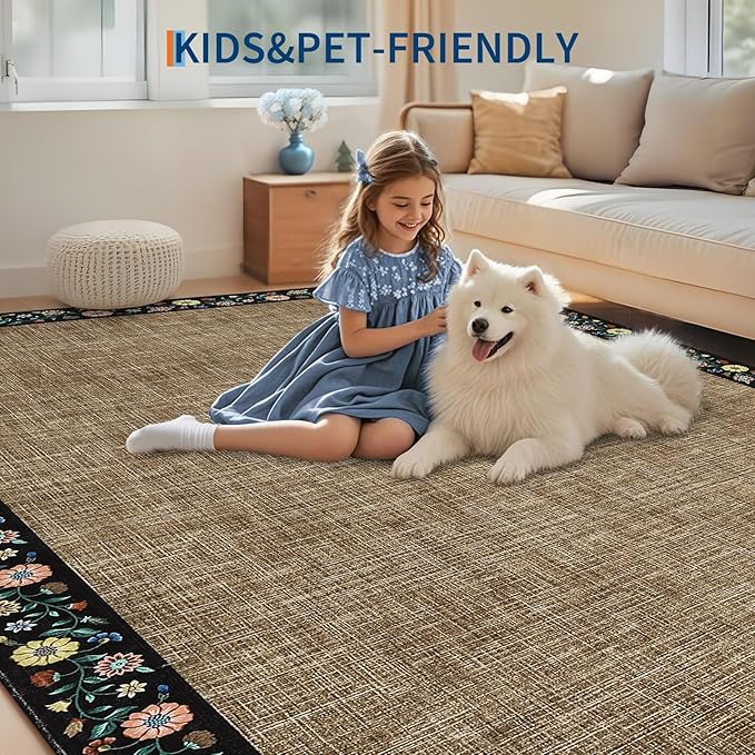 GarveeHome Washable Living Room Rug 9x12 Floral Bordered Area Rugs Soft Thin Indoor Carpet for Bedroom Modern Throw Aesthetic Mat Non Slip Stain Resistant Carpet for Dining Room Office, Brown