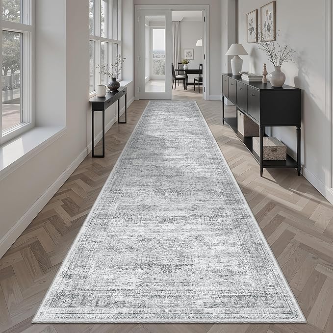 Runner Rug 2'6" x 12' Washable Non-Slip Runner Rugs for Kitchen Bathroom Laundry Room Vintage Ultra Thin Runners for Hallway Entryway Grey