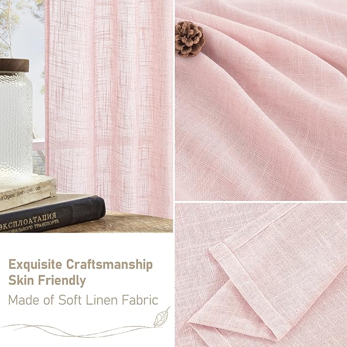 LAMIT 95 Inches Long Pink Linen Curtains for Living Room, Back Tab and Rod Pocket Semi Sheer Curtains Light Filtering Farmhouse Drapes for Bedroom/Dining Room, Set of 2, 52 x 95 Inch
