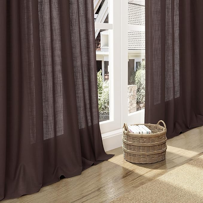 Nanspring Coffee Linen Blend Drapes 84 Inch Length 2 Panels Set Back Tab Rod Pocket Light Filtering Privacy Semi Sheer Textured Curtains Neutral Farmhouse Decor Curtains for Living Room Bedroom 52x84