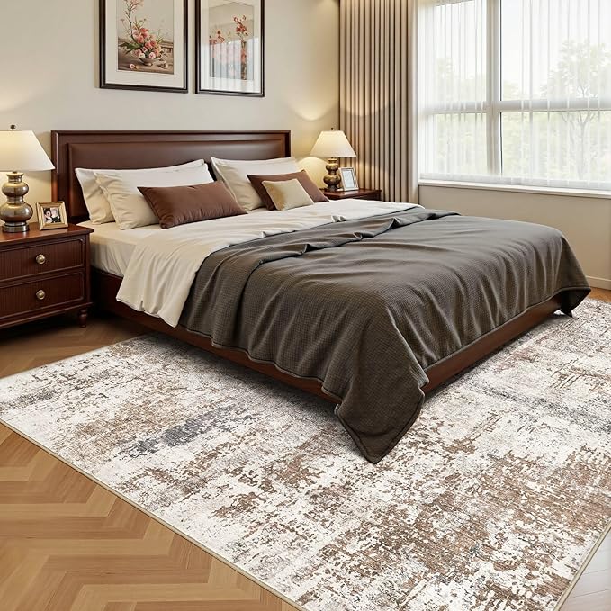 Area Rug Living Room Rugs - Washable Neutral Modern Abstract Soft Thin Rug Indoor Floor No Slip Rug Carpet for Bedroom Under Dining Table Home Office Decor - Brown/Grey/Red - 6x9