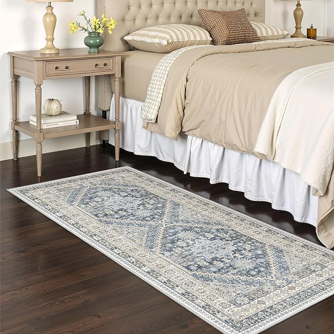 Runner Rug 2x6, Ultra-Thin Entryway Rug Non Slip Washable Rugs for Laundry Room, Runners for Hallways, Vintage Soft Rugs for Living Room, Kitchen, Bedroom(Blue/Beige,2'x6')