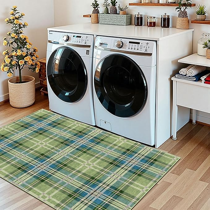 Buffalo Outdoor Rug - 28" x 43" Front Door Mat Indoor Outside Entrance Non-Slip Washable Outdoor Mat Green Teal Plaid Tartan Rug for Entryway Kitchen Bedroom Layered Doormat for Front Porch