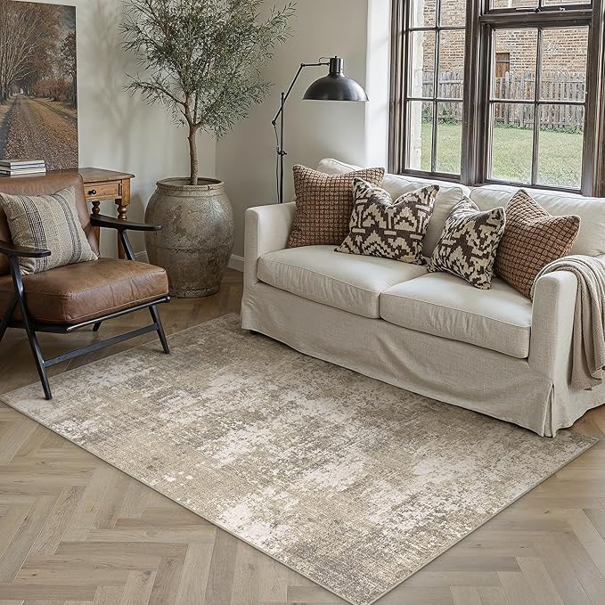 Beige Area Rug 4x6 Machine Washable Modern Abstract Office Carpet Neutral Non Slip Indoor Entry Low Pile Soft Non Shedding Small Mat Bedroom Throw Rug for Kitchen Laundry Dining Room