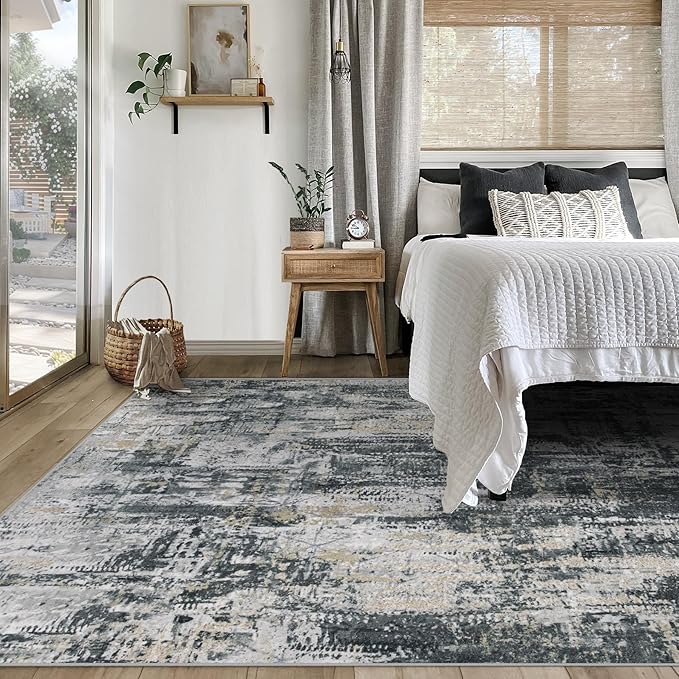 5x7 Area Rugs for Living Room, Washable Modern Abstract Large Area Rug Neutral Soft Non Slip Kids Rug Stain Resistant Indoor Carpet for Bedroom Nursery Dining Room Playroom(BlackGreyGold,5'x7')