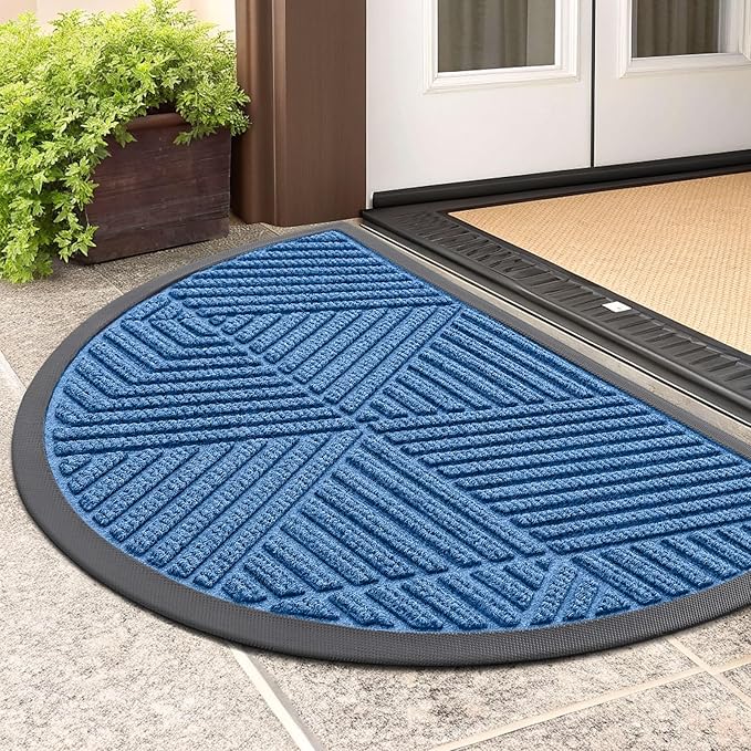 Smiry Half Circle Front Door Mat Outside Entrance, Heavy Duty Sturdy Natural Rubber Doormat, Trap Dirt and Moisture, Low Profile Mats for Indoor Outdoor Entry, Irregular Triangle (29.5x17, Blue)