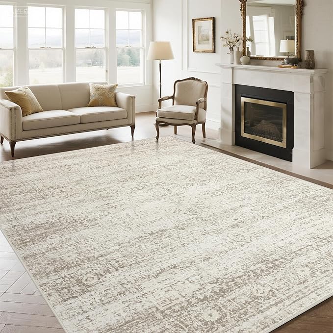 Washable Rugs 9x12 Area Rugs for Living Room,Rugs for Bedroom, Large Carpets,Ultra Soft Faux Wool Retro Dining Room Rug,Non Slip&Non-Shedding Low Pile Vintage Print Rug Indoor for Home Office