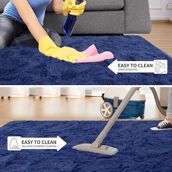 Tepook Super Soft Fluffy Rug for Bedroom, Modern Shaggy Fuzzy Kids Rugs for Living Room, Plush Indoor Nursery Home Decor Dorm Carpet with Non-Slip Bottom, Light Navy, 4 X 6 Feet