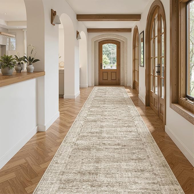 Hallway Runner Rug 3x16 - Vintage Non Slip Washable 16ft Kitchen Runner for Entrance Soft Long Carpet Runners for Living Room Bedroom Dining Room, Brown