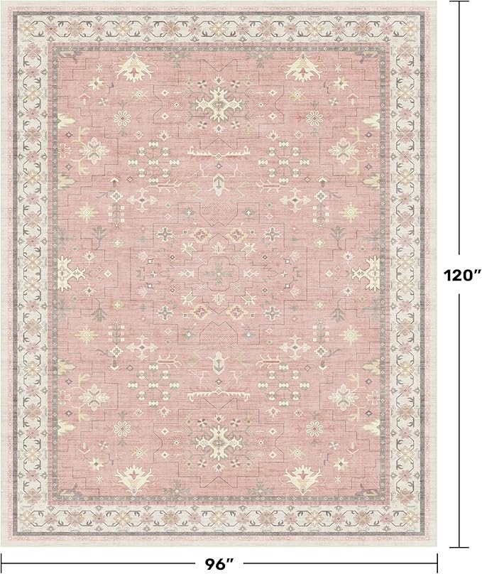 Washable 8x10 Blush Pink Rug for Bedroom Girls Dorm, Floral Retro Living Room Rugs, Soft Thin Low Pile Non Slip Stain Resistant Carpet