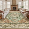 Area Rugs 10'x12' Washable Non-Slip, Floral Vintage Distress Print Pattern Medallion Carpet for Living Room Bedroom Dining Room, Brick Red Rust Neutral Brown Burnt Orange Green