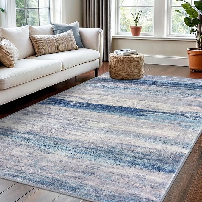 KOZYFLY 4x6 Area Rug Modern Abstract Washable Large Rugs for Entryway Non-Slip Soft Living Room Rug, Print Blue/Grey/Beige Throw Rugs Indoor Mat for High-Traffic Door Entrance, Nursery, Bedroom