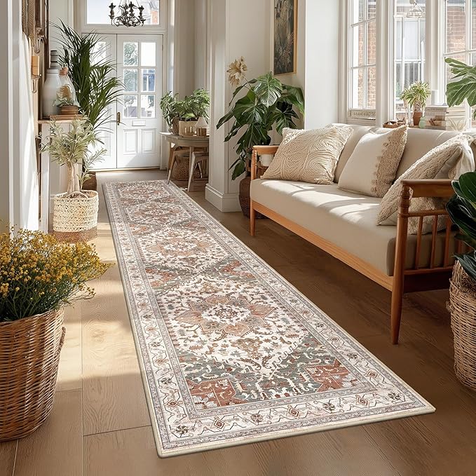 Yamaziot Washable Runner Rug, 2x10 Non-Slip Boho Vintage Hallway Rug Runner with Rubber Backing, Low Pile Faux Wool Distressed Carpet Runner for Bedroom, Kitchen, Laundry, Entrance, Ginger Grey