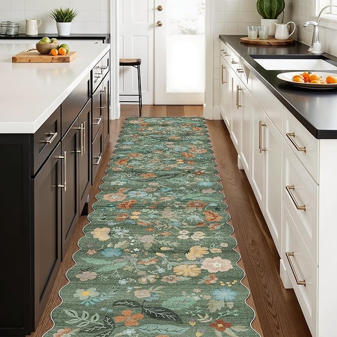 Washable 2'6x12 Hallway Runner Rug: Soft Entryway Kitchen Floral Runners Non Slip Water Resistant Nursery Bathroom Floor Mat Light Weight Carpet for Living Room Bedroom (2'6x12 Floral/Green)
