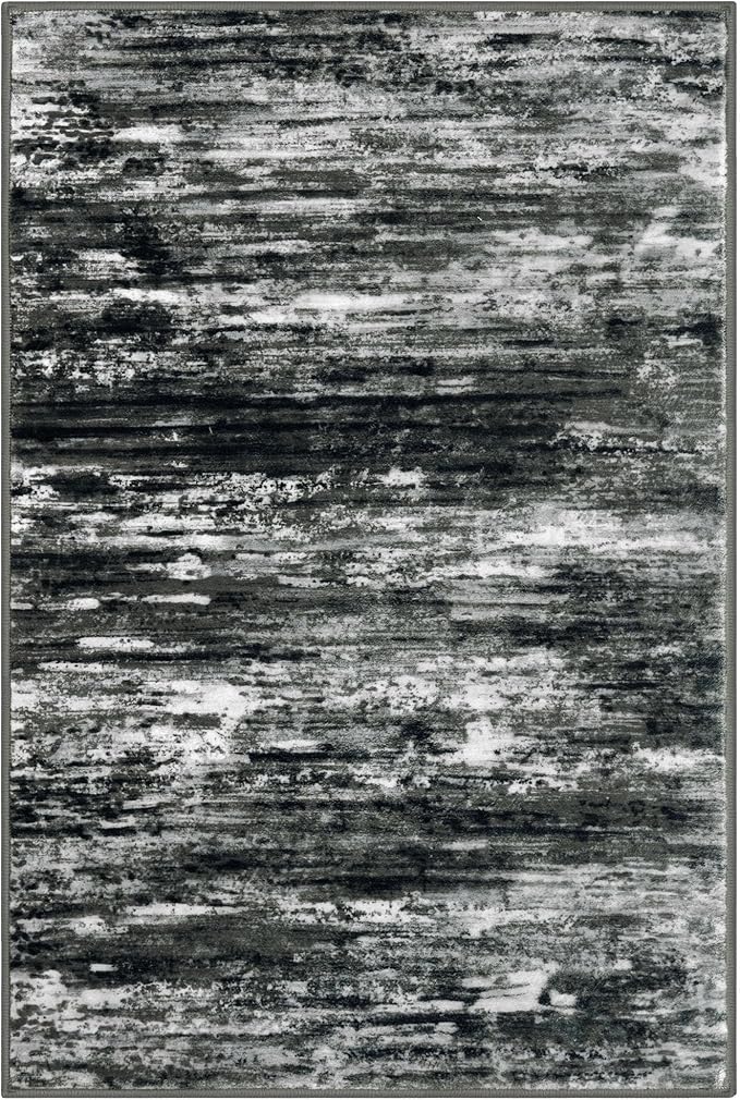 KOZYFLY Modern Abstract Entryway Rugs 2x3, Washable Kitchen Rug Non-Slip Soft Small Bathroom Rug, Black Grey Striped Small Area Rugs Print Faux Wool Doormat for Bedside Entrance Bedroom Sink