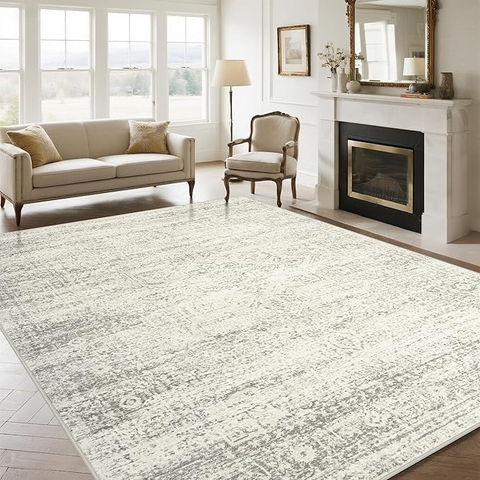 Washable Rugs 9x12 Area Rugs for Living Room,Bedroom,Dining Room- Large Ultra Soft Faux Wool Retro Carpets,Non Slip&Non-Shedding Low Pile Vintage Print Rug for Home Office Decor- Beige