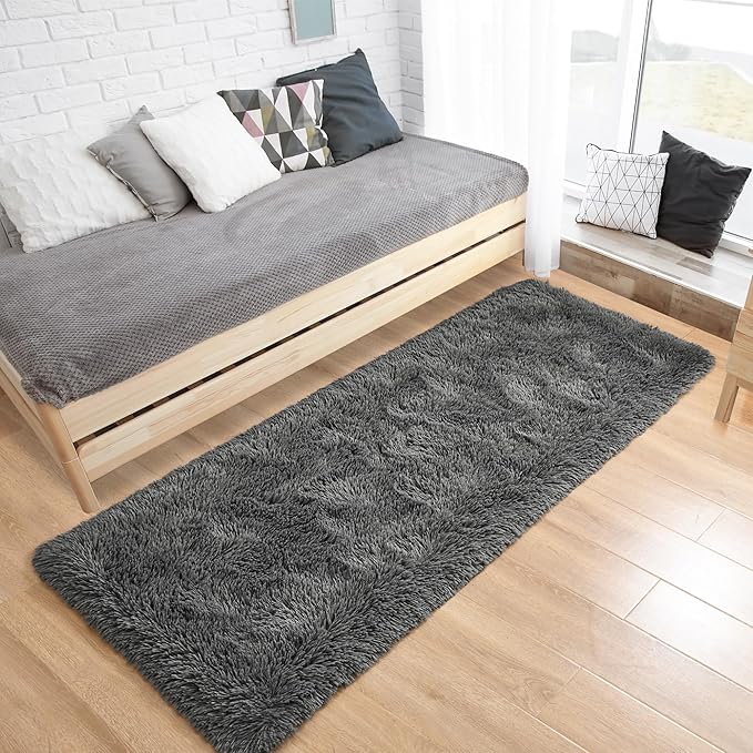Tepook Fluffy Runner Rugs for Bedroom Aesthetic 2x6 Feet, Shag Soft Bedside Rug with Non-Slip Bottom, Fuzzy Plush Carpet for Room, Hallway Rug for Nursery Dorm Indoor Home Decor, Dark Grey