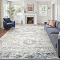 10x14 Area Rugs for Living Room, Non Slip Machine Washable Vintage Rugs, Low Pile Lightweight Large Rug for Bedroom, Dining Room, Home Office Blue Ivory