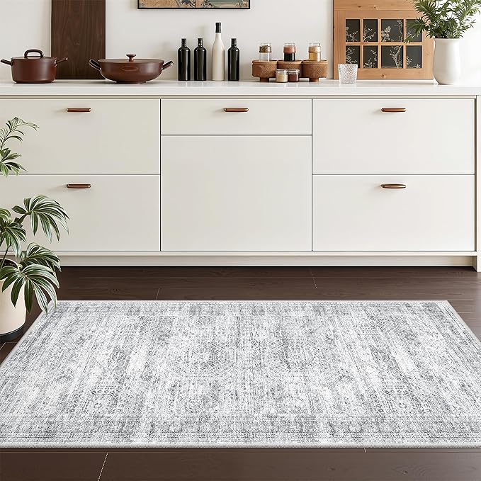 2x4 Washable Rug Runner for Bathroom, Soft Entryway Rug for Laundry Room, Kitchen, Vintage Abstract Hallway Runner for Bedroom, Anti-Slip Door Mat Indoor Entrance(2'x4', Grey/Ivory)