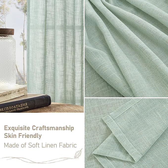 LAMIT Short Linen Window Curtains 40 Inch Length 2 Panels, Light Sage Semi Sheer Light Filtering Panels Back Tab and Rod Pocket Neutral Drapes for Basement/Window/Loft Room, 34 x 40 Inch