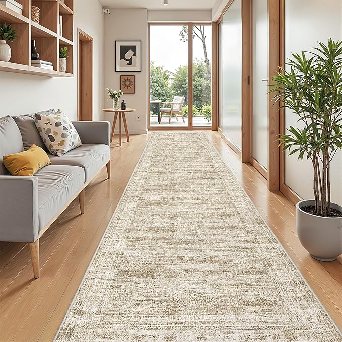 Washable Runner Rug 2.5x14, Non-Slip Long Hallway Runner for Entryway, Soft Vintage Kitchen Mats for Floor, Abstract Dining Room, Bedroom, Living Room Rugs(2.5'x14', Brown/Ivory)