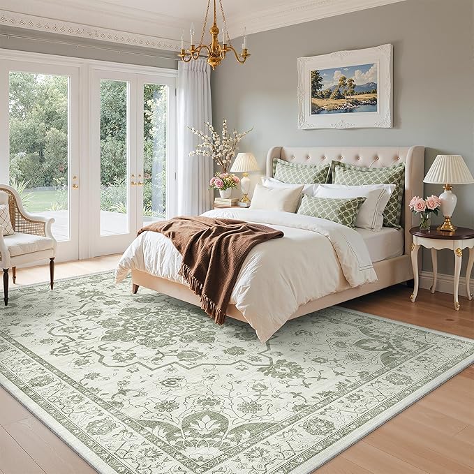 Madane 9x12 Area Rugs for Living Room, Machine Washable Vintage Green Rug with Non-Slip Backing, Soft Throw Large Rug, Thin Carpet for Bedroom Dining Room Farmhouse Under Table, Green/Ivory