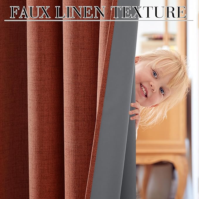 RYB HOME 100% Blackout Linen Textured Curtains 108 inches Long, Insulating Privacy Energy Saving for Bedroom Living Room Window Office Theater Patio Door, W 52 x L 108 in, Terracotta, 2 Panels