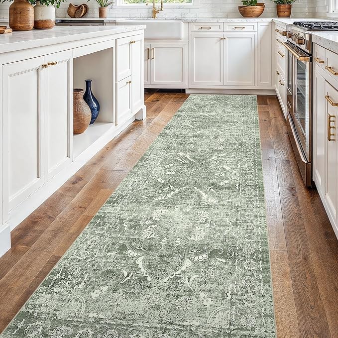 2'6"x14' Washable Hallway Runner Rug - Non Slip Kitchen Runner Rugs with Rubber Backing Vintage Low-Pile Carpet Runners for Entryway Dining Room Laundry Room Home Decor (Muted Sage Green)