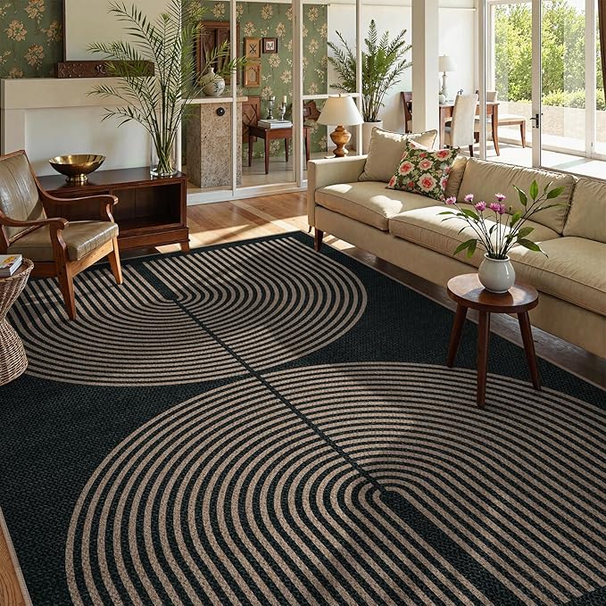 Lahome Enfys Modern Rainbow Easy Jute Rug, Washable Rugs 8x10 for Living Room Indoor Outdoor Patio Farmhouse Large Carpet, Contemporary Non Slip Black Carpet for Bedroom Backyard Office Decor