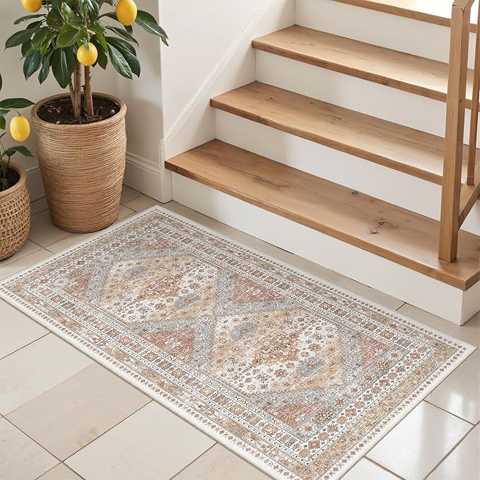 2x4 Washable Rug Runner for Bathroom, Soft Entryway Rug for Laundry Room, Kitchen, Vintage Hallway Runner for Bedroom, Anti-Slip Door Mat Indoor Entrance(Orange,2'x4')
