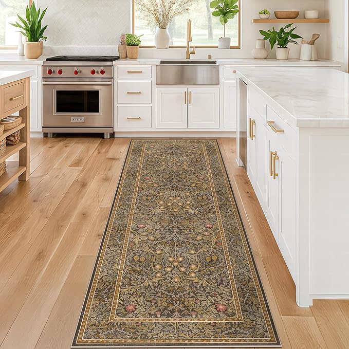 Hazo Haus Non Slip 2x7 Gold Brown Runner Rugs - Washable Long Runner for Bathroom, Kitchen, Hallway, Indoor Floor Mat, Bedroom Bedside - Brown Earthy Vintage Floral Décor