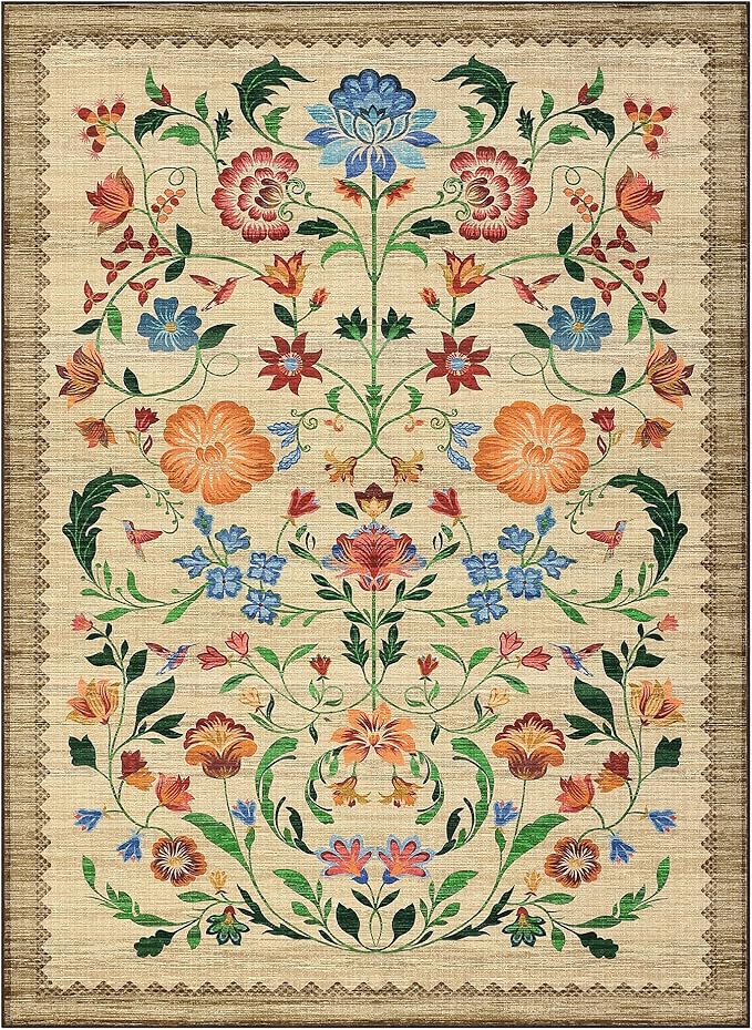 GarveeHome Washable Rug 9x12 Area Rugs for Living Room, Floral Rug for Bedroom, Soft Vintage Non Slip Throw Rugs with Rubber Back, Low Pile Stain Resistant Boho Floral Carpet for Dining Room, Beige
