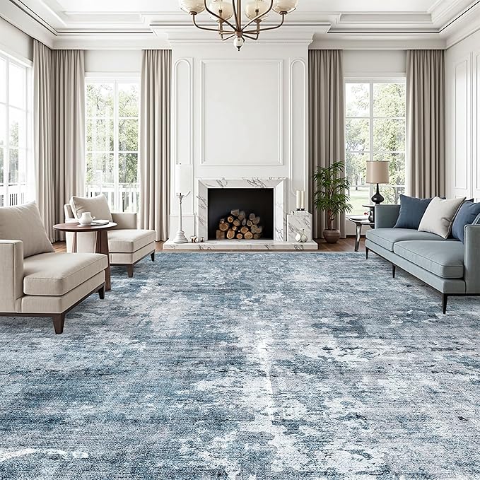 12x15 Washable Area Rug Blue/Grey Neutral Abstract Living Room Large Carpet Non Slip Bedroom Indoor Office Dining Room Low Pile Thin Rug