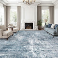 12x15 Washable Area Rug Blue/Grey Neutral Abstract Living Room Large Carpet Non Slip Bedroom Indoor Office Dining Room Low Pile Thin Rug