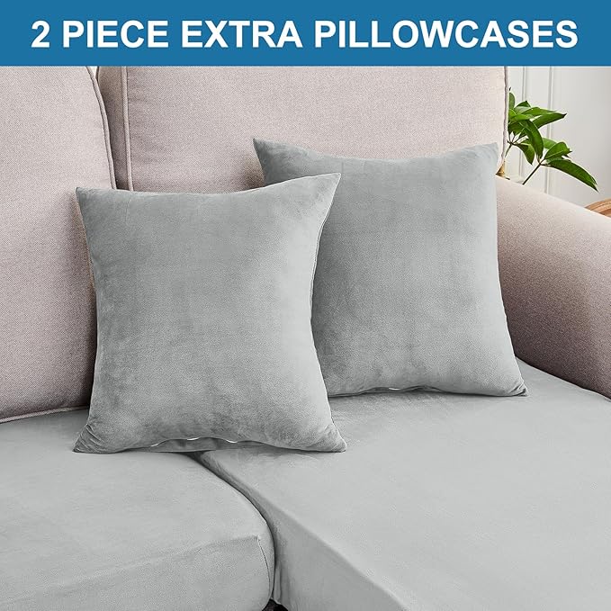 Couch Cover 8-Piece Elastic Velvet Couch Cushion Covers & Chaise Slipcovers for L-Shaped Sofas - Sofa Seat Covers Washable, Soft Protector for Couches (7 Seater + Chaise, Light Grey)