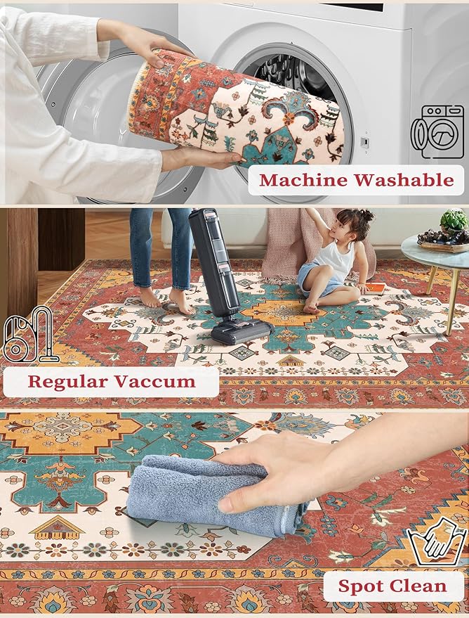 SERISSA Boho Washable Runner Rug, 2x6 Rug Non-Slip Vintage Orange Hallway Kitchen Runner Rug Ultra Soft Print Distressed Floor Carpet for Bedroom Bathroom Laundry Living Room