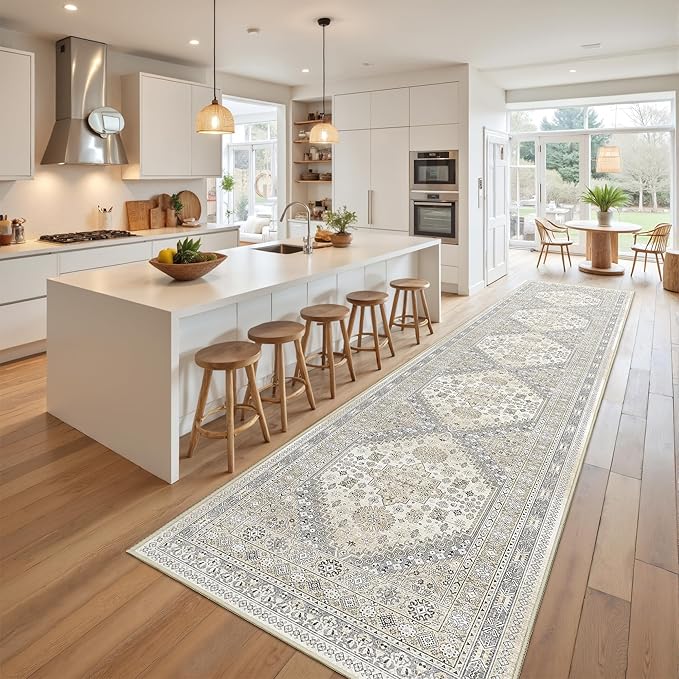 Carpet Runners for Hallway 12ft, Non-Slip Long Bathroom Rugs Runner for Kitchen, Living Room, Bedroom, Soft Vintage Washable Rug for Entryway, Thin Floor Mat for Dining Room(Beige,2.5'x12')