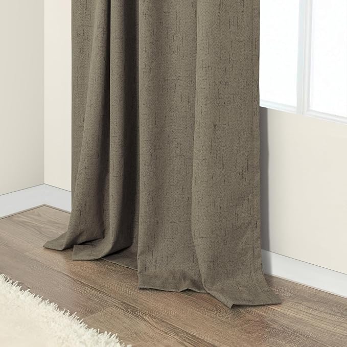 Linen Brown Curtains for Bedroom 84 Inch Long 2 Panel Burg 100% Blackout Back Tab Pleated Look Drape Light Blocking Thermal Insulated Burlap Farmhouse Black Out Curtain for Living Room 52x84 in Length