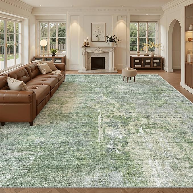 10x14 Area Rugs for Living Room, Non Slip Machine Washable Vintage Rugs, Low Pile Lightweight Large Rug for Bedroom, Dining Room, Home Office Green/Ivory