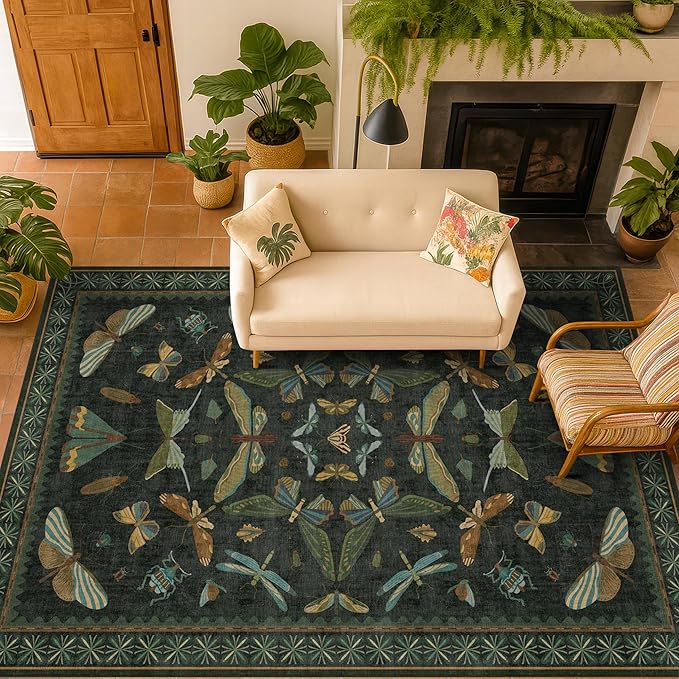 Hazo Haus Black and Green Rug 5x8 for Living Room - Dark Moody Rugs for Dining Room Table, Playroom, Home Office, Insect Floral Moth Décor, Washable Non Skid Foldable