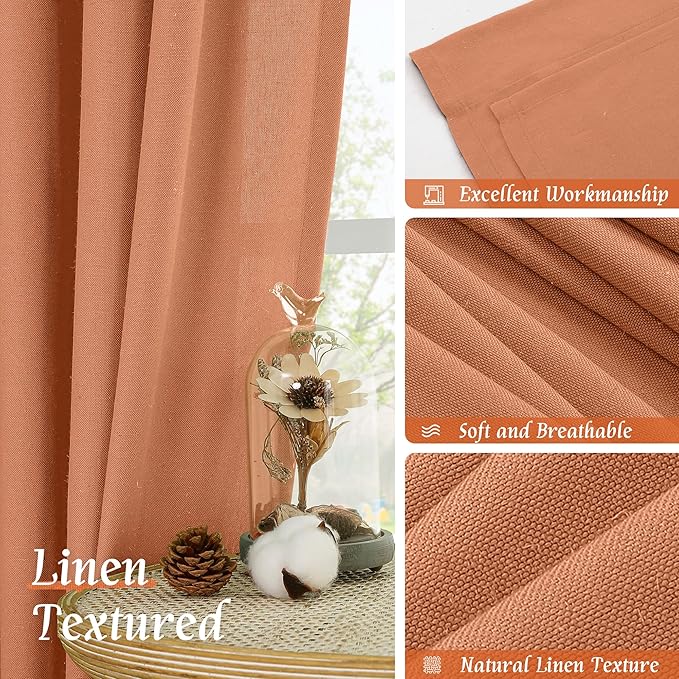 LAMIT Short Linen Curtains 45 Inches Long for Cafe 2 Panels, Terracotta Light Filtering Privacy Panels Rod Pocket Neutral Fall Decor Drapes for Bedroom/Window/Loft Room, 42 x 45 Inch